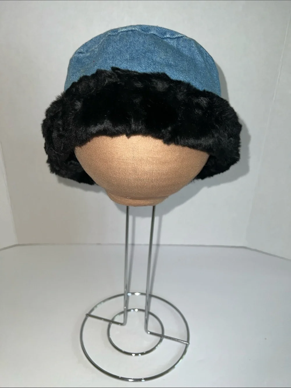 BLOOZ Vintage Blue Denim and Black Faux Fur Trim Bucket Hat